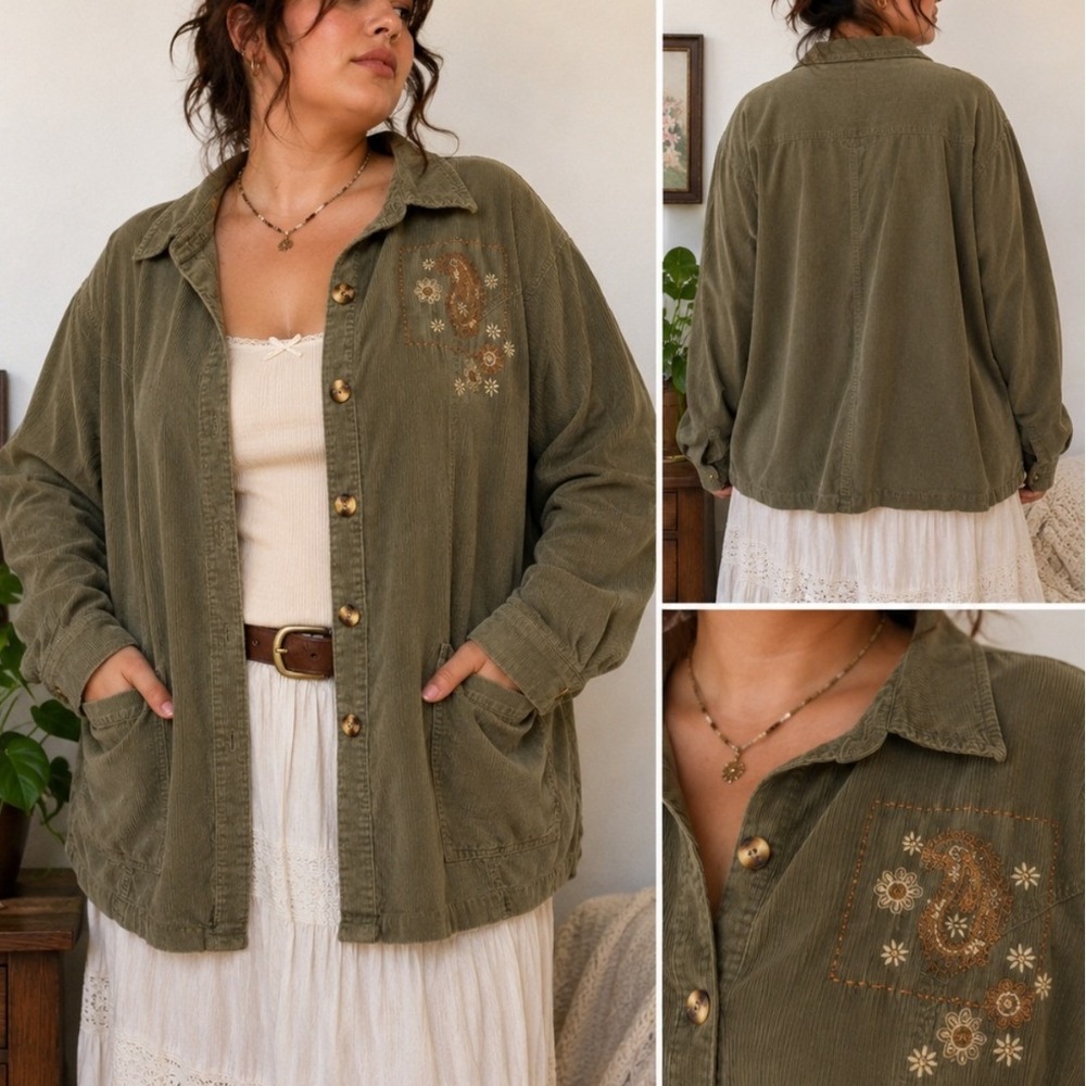 Classic Elements Corduroy Jacket Size 16 Olive Embroidered Boho Barn Coat